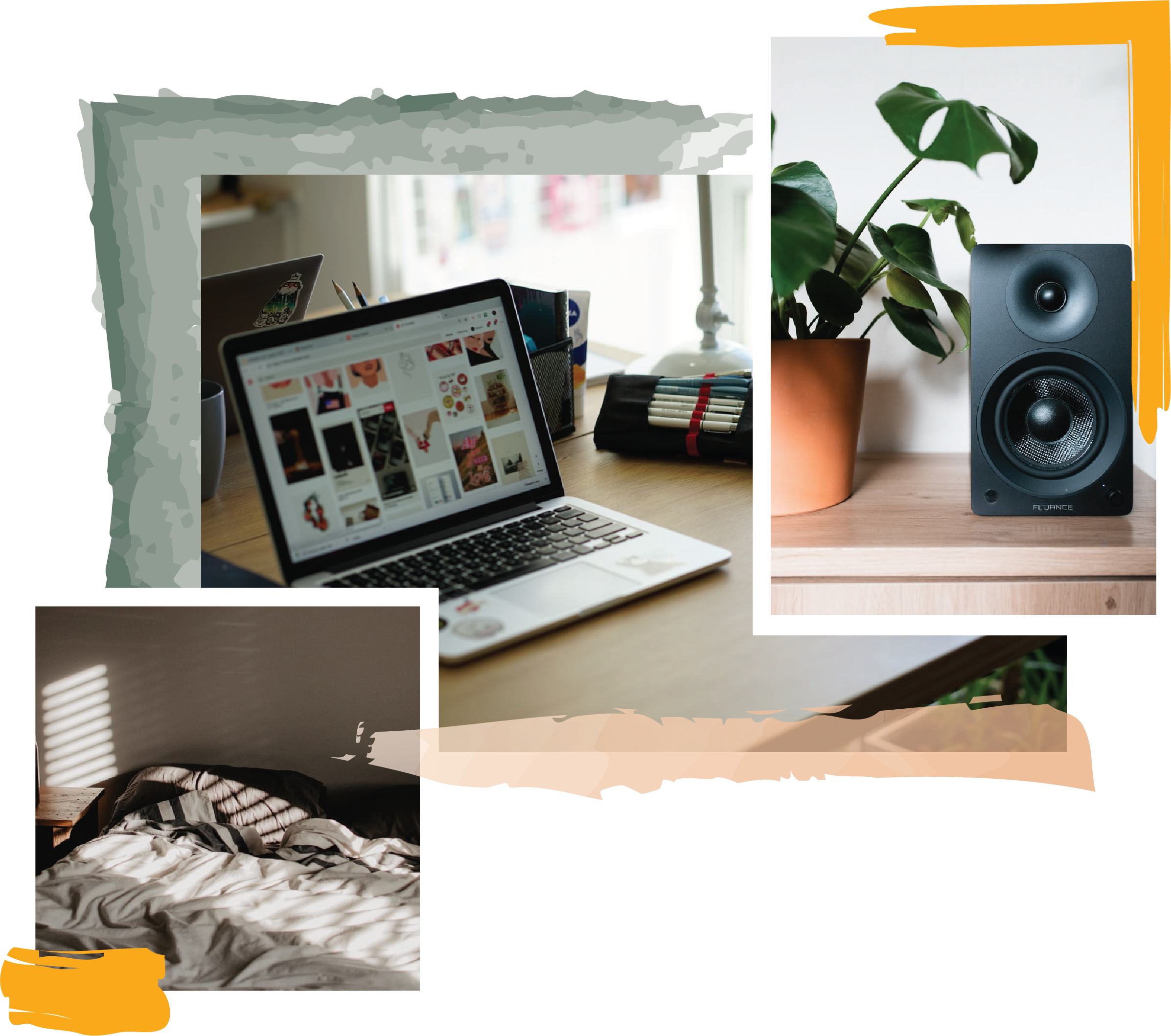 Two photos of a speaker and a bed overlapped with a photo of a laptop