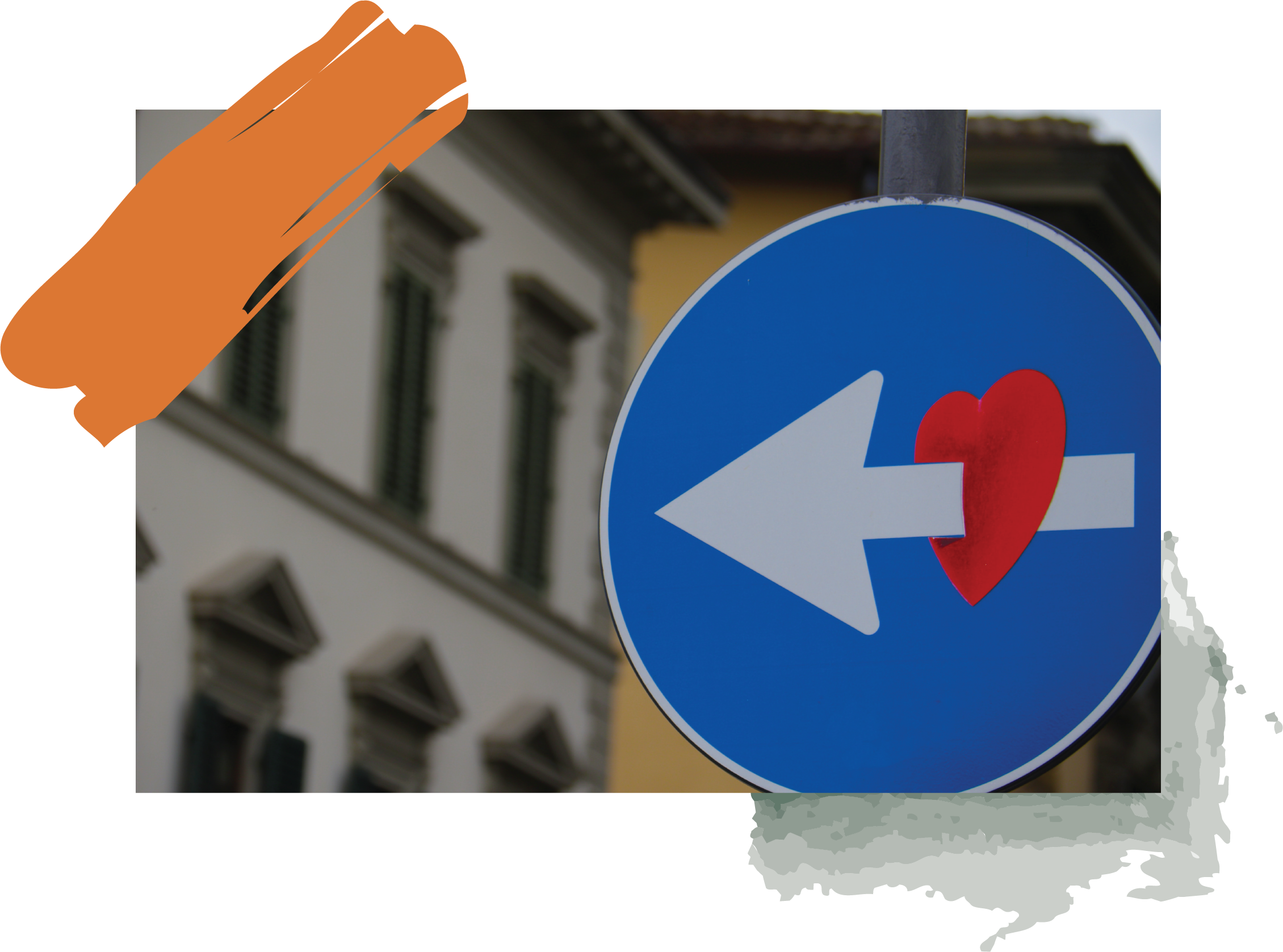 A sign in circle shape with a white arrow and heart through it