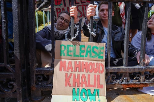 Jewish pro-Palestinian protesters chain themselves to gates outside St. Paul’s Chapel and Earl Hall
