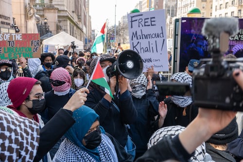 Over 100 gather outside gates in protest of University sanctions against pro-Palestinian protesters, Khalil detainment